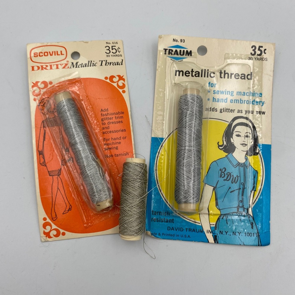 Vintage‎ Silver Metallic Thread Lot Dritz Traum 30 Yards Sewing Notions 3 Spools